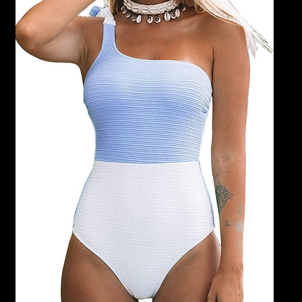 Cupshe blue and white color blocked one shoulder swimsuit